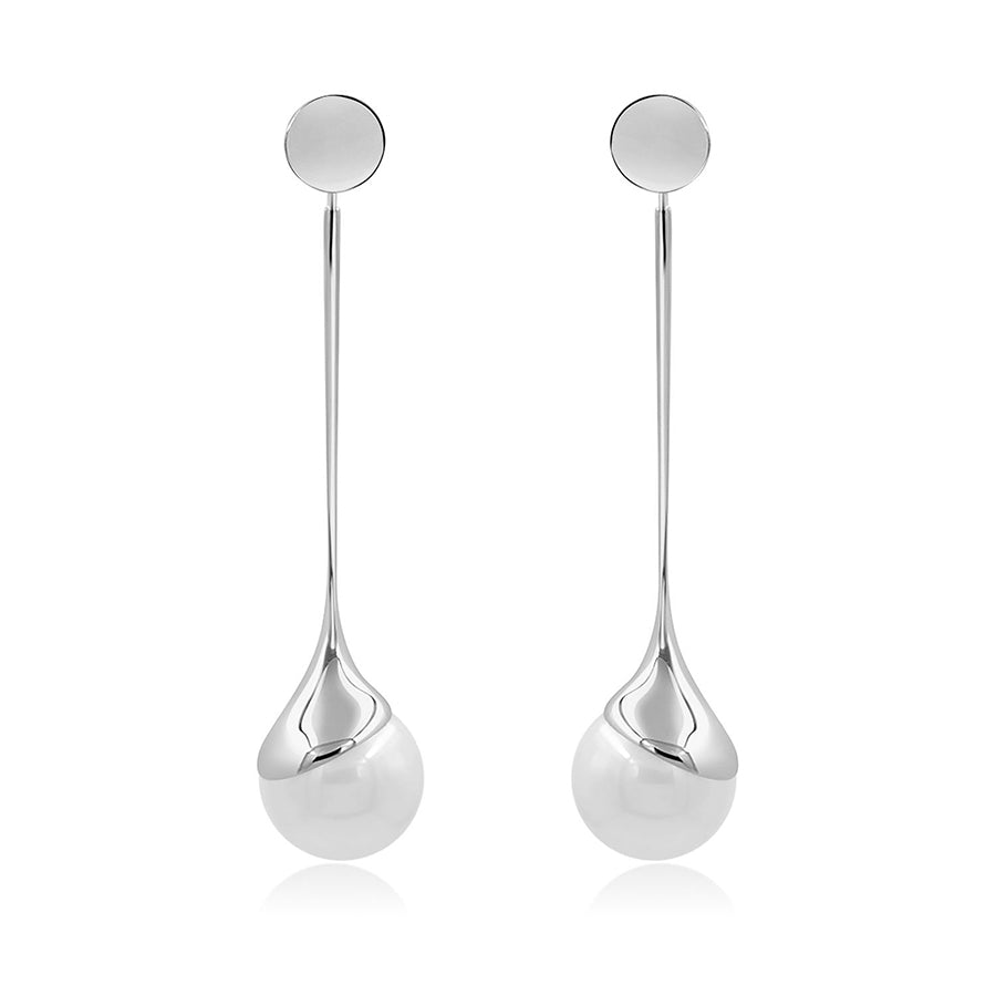 Devotion Long Dangle Pearl Earring in Rhodium 925 Silver - ThEyes On