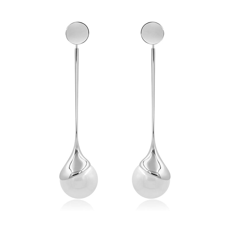 Devotion Long Dangle Pearl Earring in Rhodium 925 Silver - ThEyes On