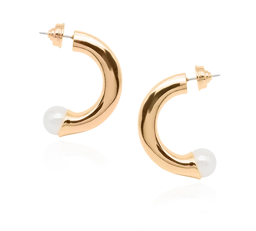 Adoring Pearl Thick Medium Hoops in 18k Rose Gold - ThEyes On
