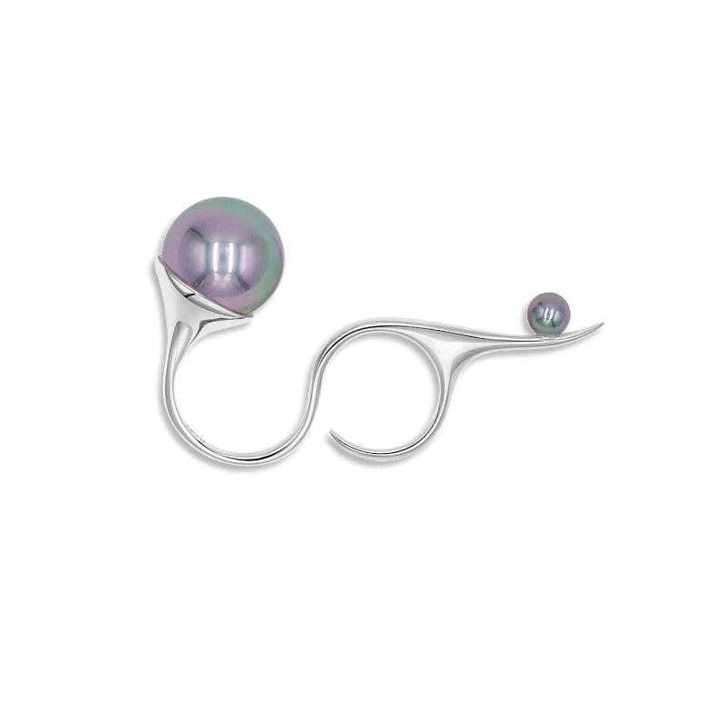 Devotion Double Ring in Rh 925Silver and Grey Pearl - ThEyes On